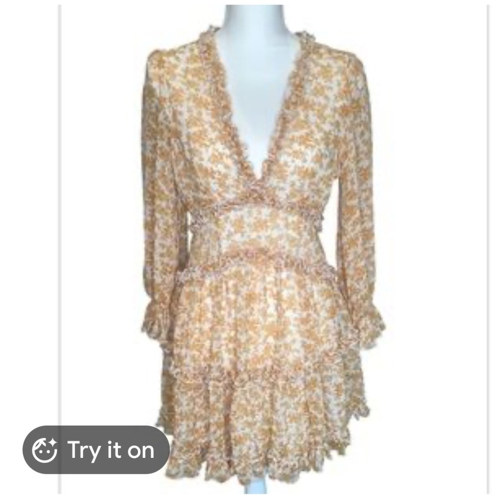 Saints + Secrets Yellow Floral Ruffle Tiered Mini Dress V-Neck Long Sleeve Small